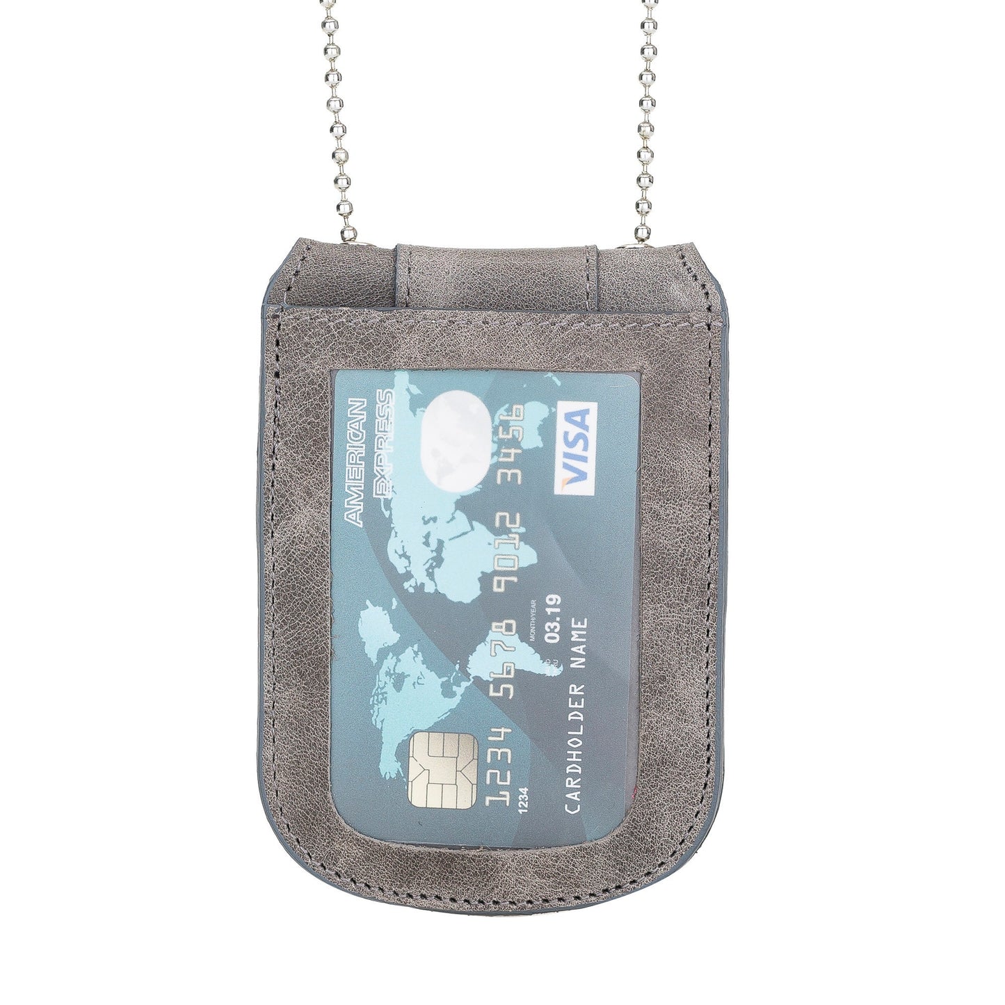 Gray Full Grain Leather Neck Chain Police Badge and ID Holder with Extra Hidden Inside ID Card Storage