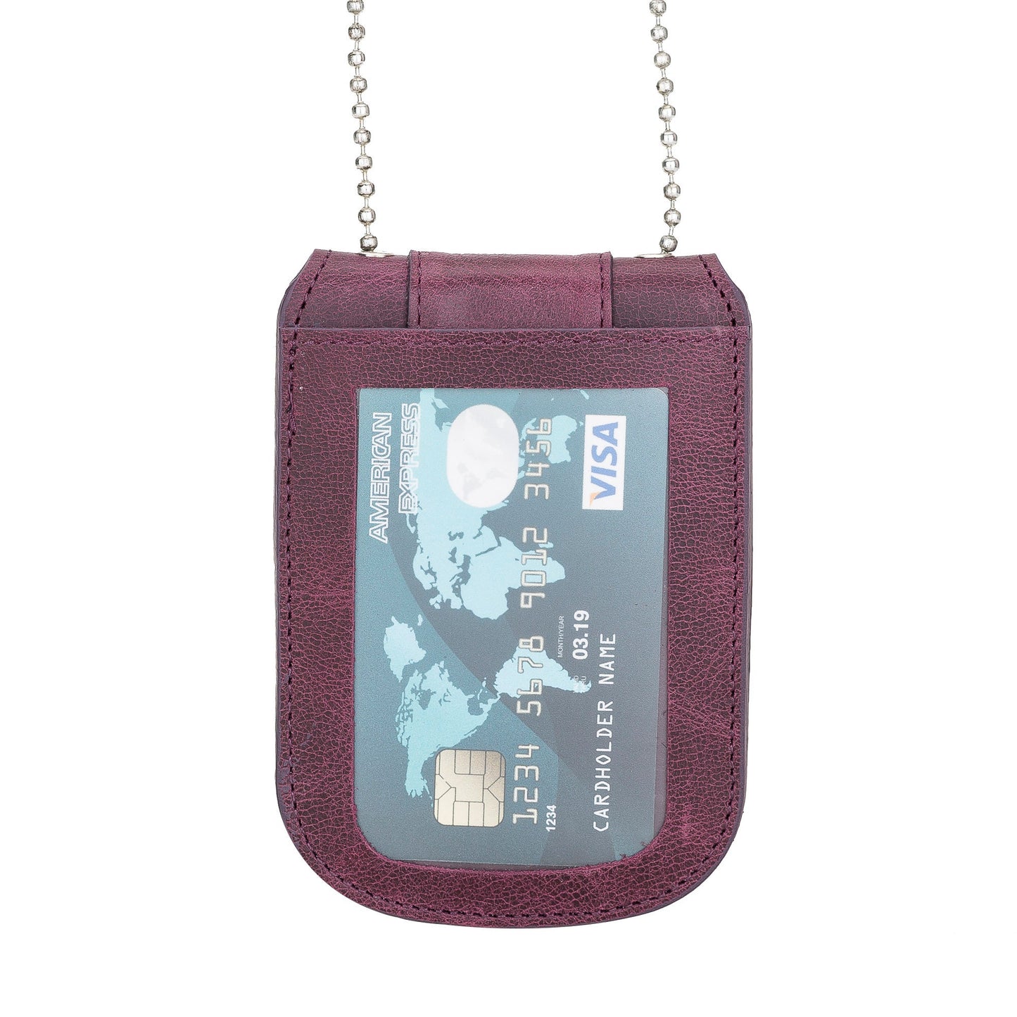 Purple Full Grain Leather Neck Chain Police Badge and ID Holder with Extra Hidden Inside ID Card Storage