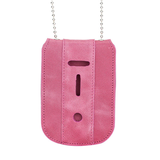 Dusty Rose Pink Full Grain Leather Neck Chain Police Badge and ID Holder with Extra Hidden Inside ID Card Storage