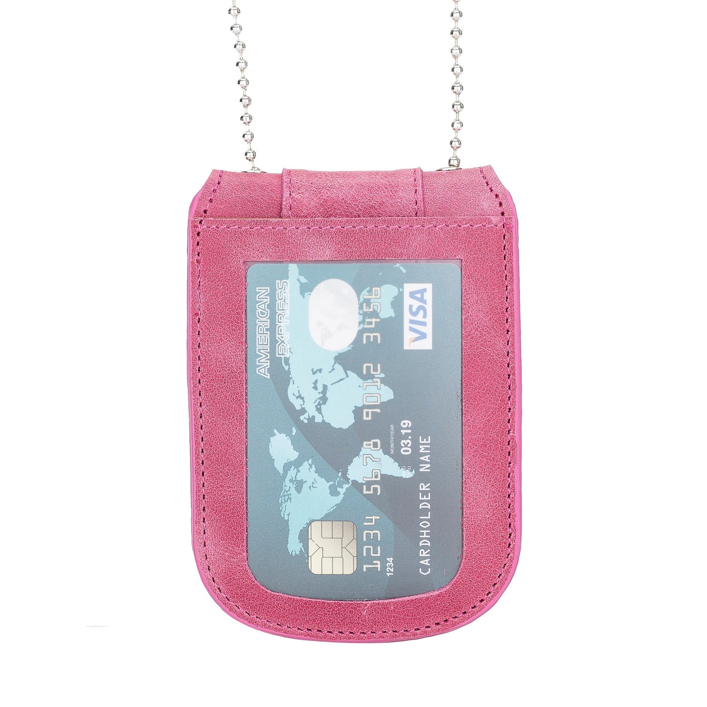 Dusty Rose Pink Full Grain Leather Neck Chain Police Badge and ID Holder with Extra Hidden Inside ID Card Storage