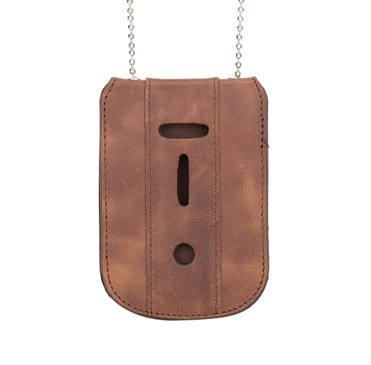 Saddle Brown Full Grain Leather Neck Chain Police Badge and ID Holder with Extra Hidden Inside ID Card Storage