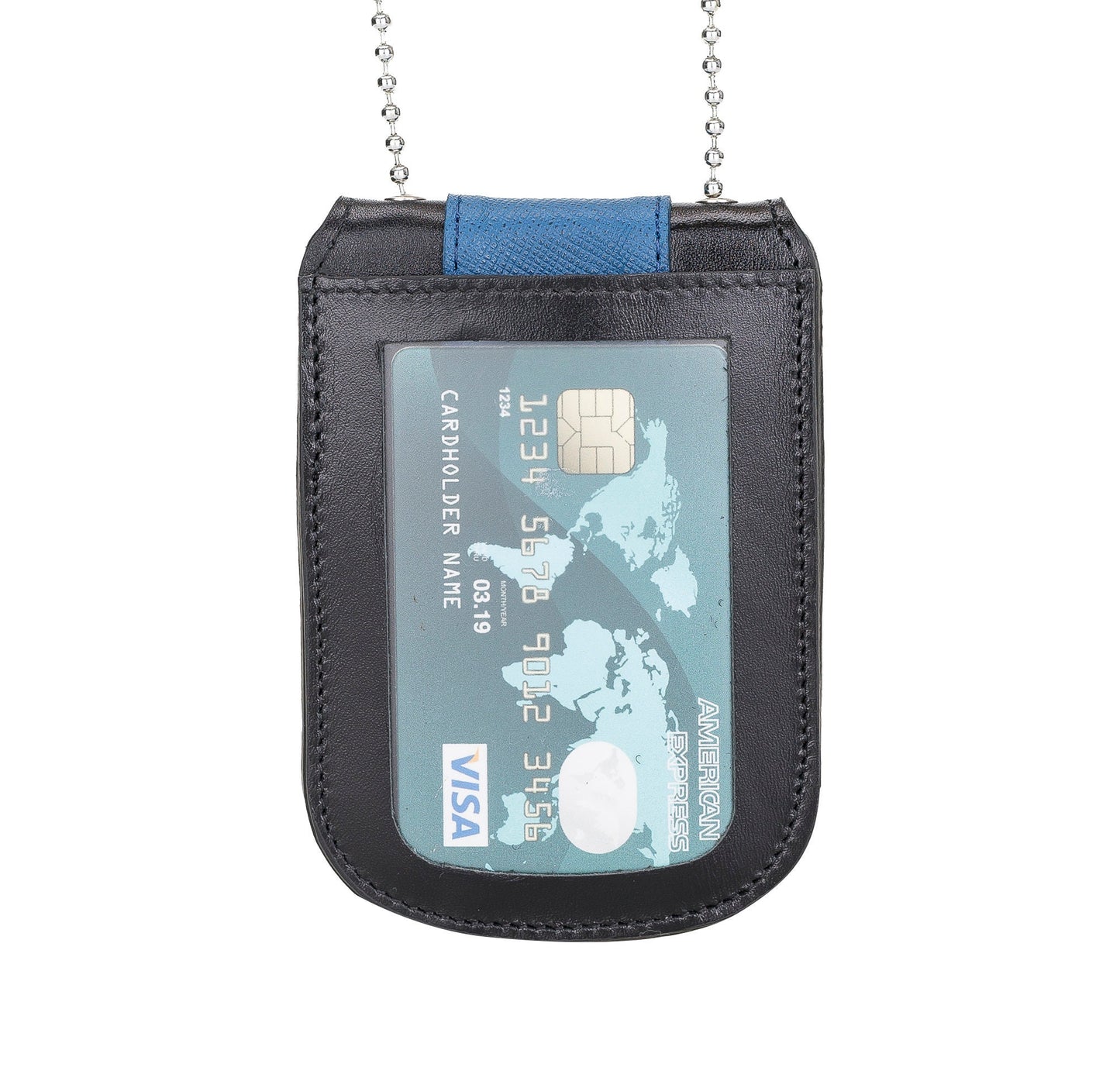 Thin Blue Line Full Grain Leather Neck Chain Police Badge and ID Holder with Extra Hidden Inside ID Card Storage