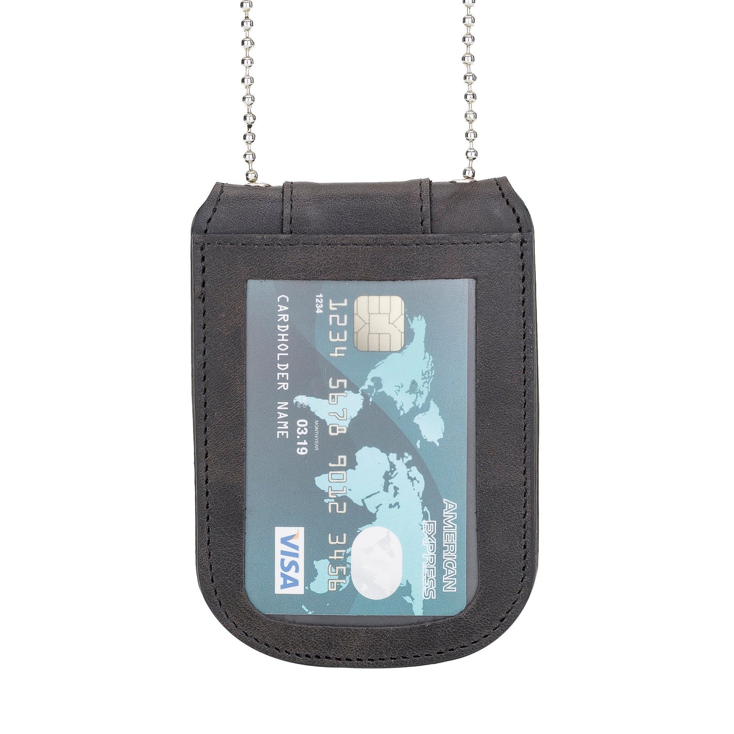 Black Full Grain Leather Neck Chain Police Badge and ID Holder with Extra Hidden Inside ID Card Storage