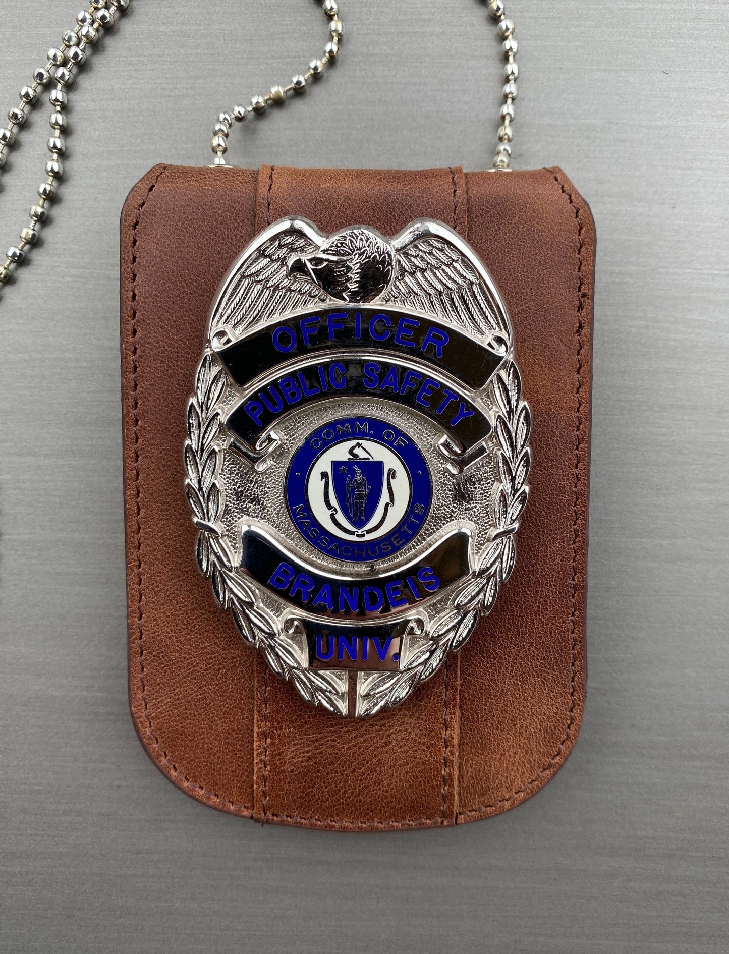 Saddle Brown Full Grain Leather Neck Chain Police Badge and ID Holder with Extra Hidden Inside ID Card Storage