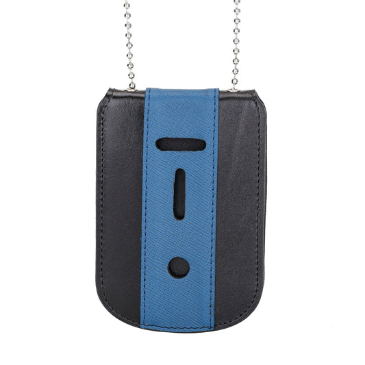 Thin Blue Line Full Grain Leather Neck Chain Police Badge and ID Holder with Extra Hidden Inside ID Card Storage