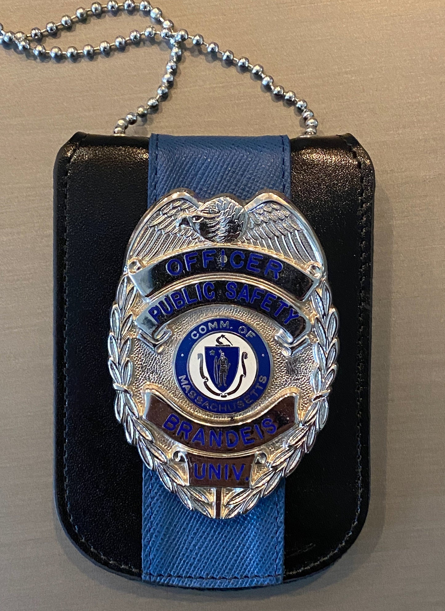 Thin Blue Line Full Grain Leather Neck Chain Police Badge and ID Holder with Extra Hidden Inside ID Card Storage