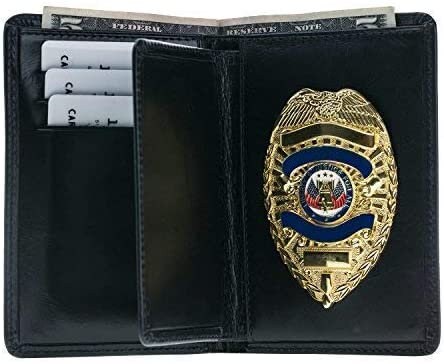 Police Badge Wallet  All Leather Universal Fit- Carbon Black Leather-For Pin Back Badge