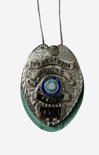 Turquoise Full Grain Leather Oval Police Badge Holder Belt Clip - Optional to Use Around The Neck