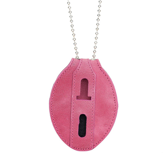 Dusty Rose Pink Full Grain Leather Oval Police Badge Holder Belt Clip - Optional to Use Around The Neck