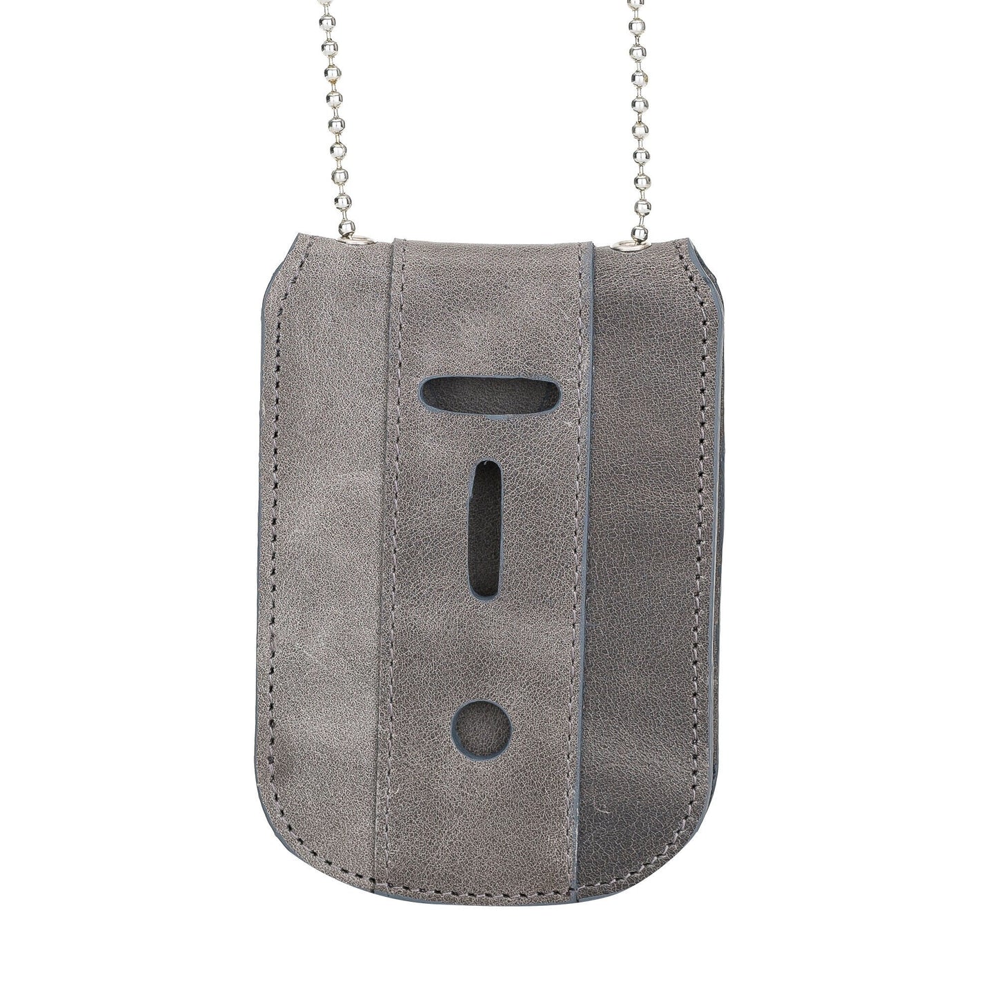 Gray Full Grain Leather Neck Chain Police Badge and ID Holder with Extra Hidden Inside ID Card Storage